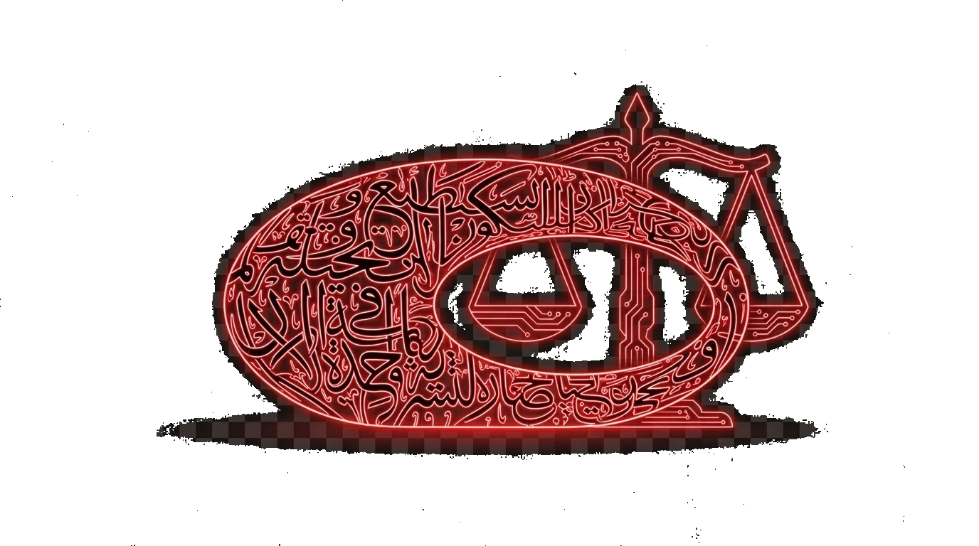 Arabic calligraphy forming the scales of justice, fused with circuit-line detailing — representing LEXNOVA's fusion of legal heritage and digital strategy