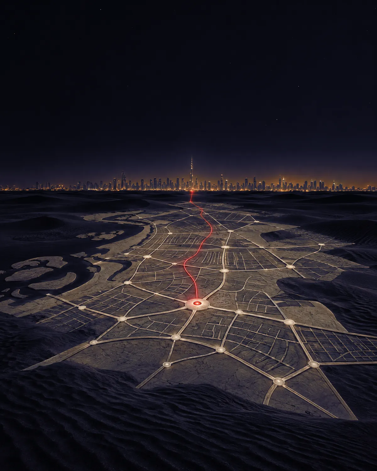 A night photograph of a city plan laid out in the desert, a single red path running through it toward the Dubai skyline