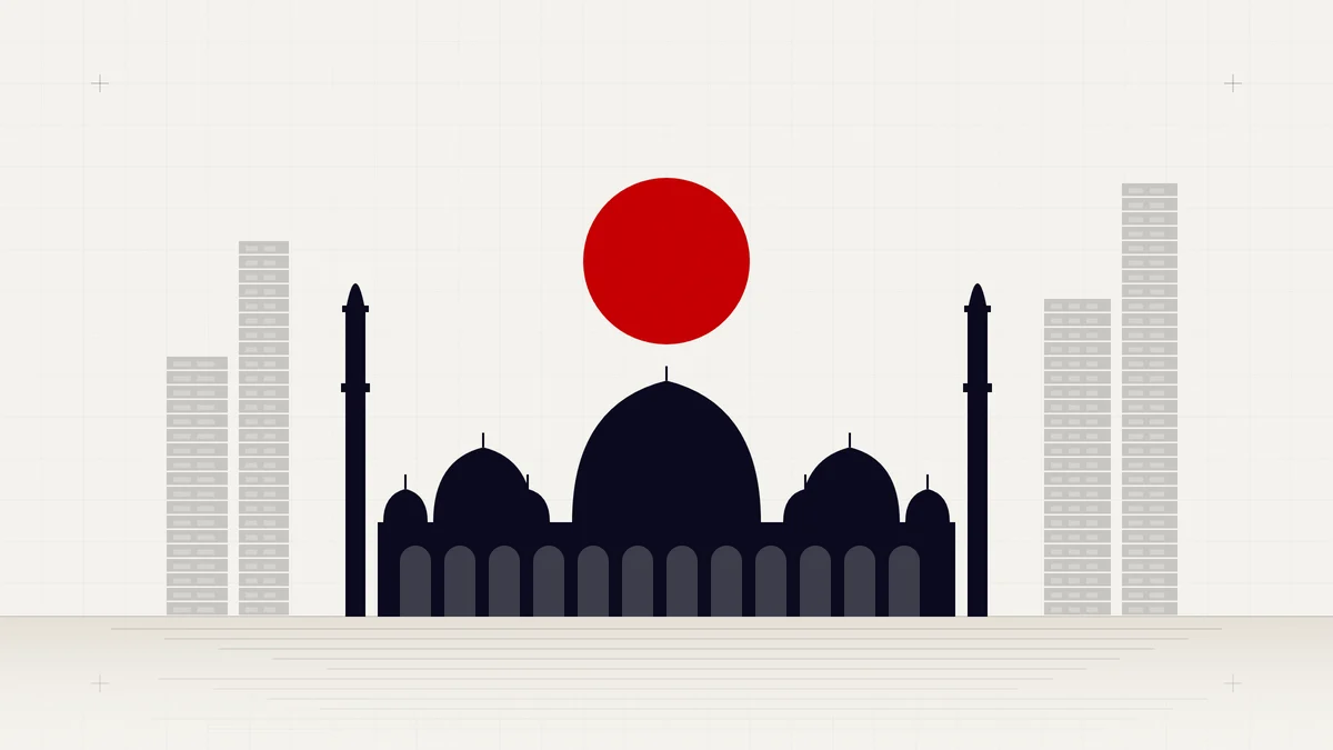 Illustration of the Abu Dhabi skyline with a grand mosque silhouette and a red sun