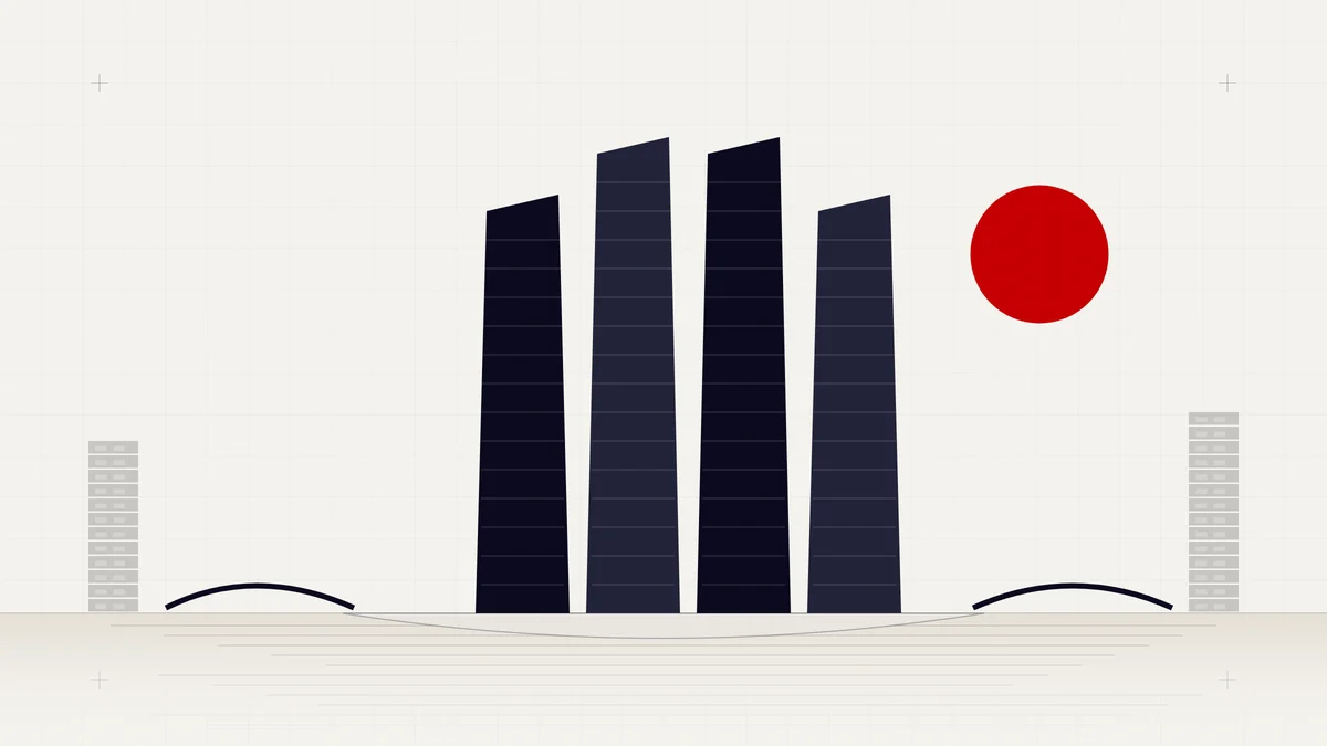 Illustration of four towers on Al Maryah Island with bridges and a red sun