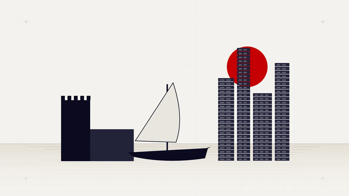 Illustration of Ajman with a traditional fort, a dhow on the water and coastal towers under a red sun