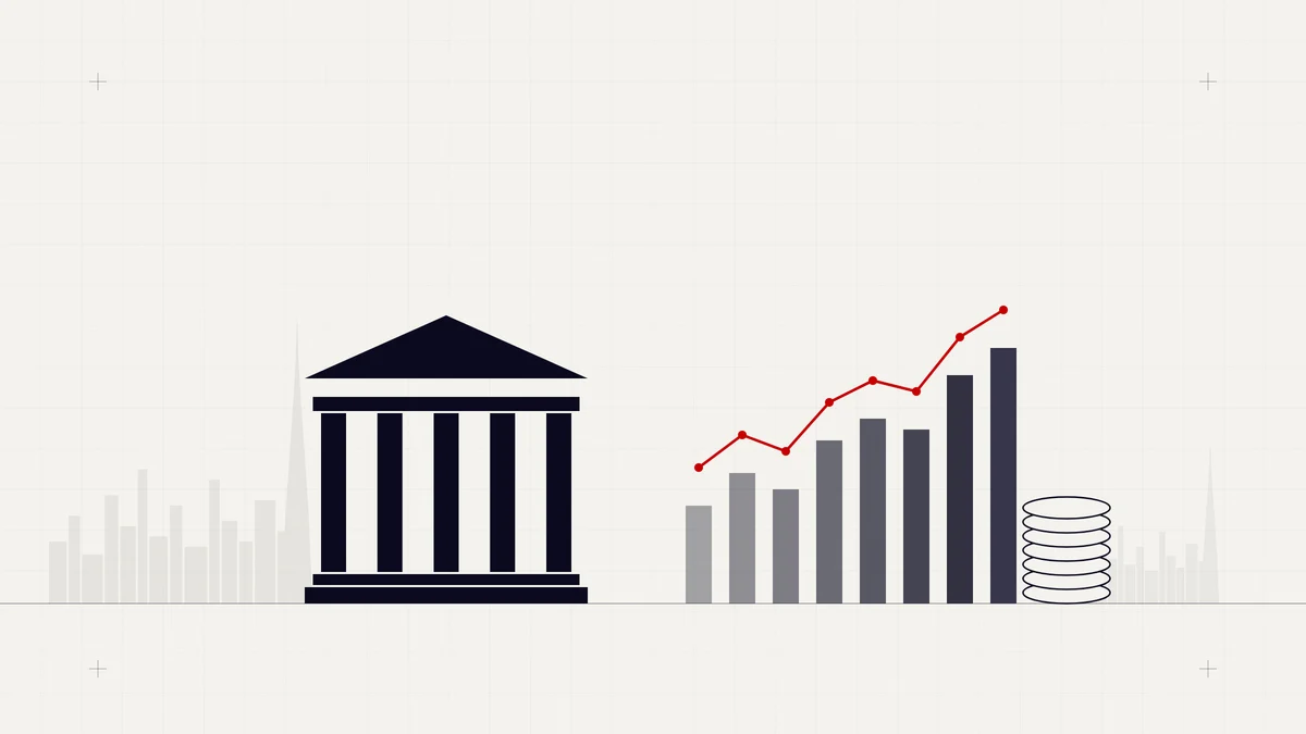 Illustration of a bank building beside a rising bar chart with a red trend line and stacked coins