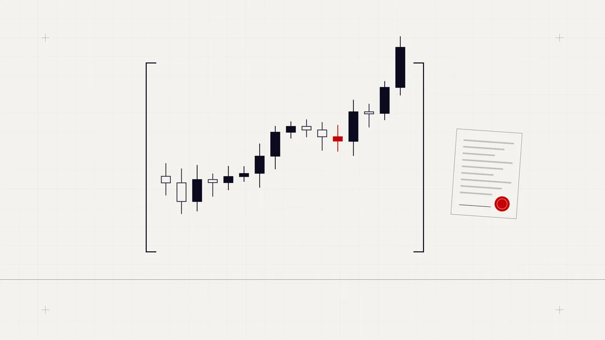 Illustration of a candlestick market chart within regulatory brackets beside a sealed prospectus