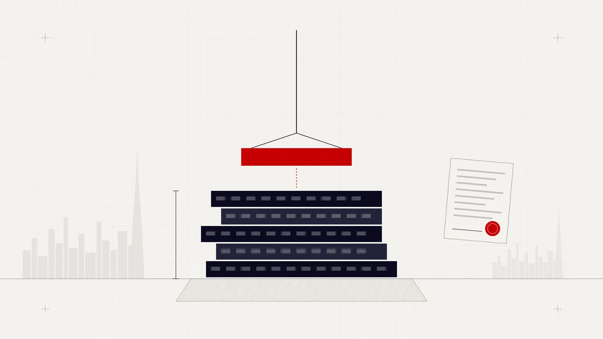 Illustration of stacked building blocks with a red block being placed on top and a sealed licence