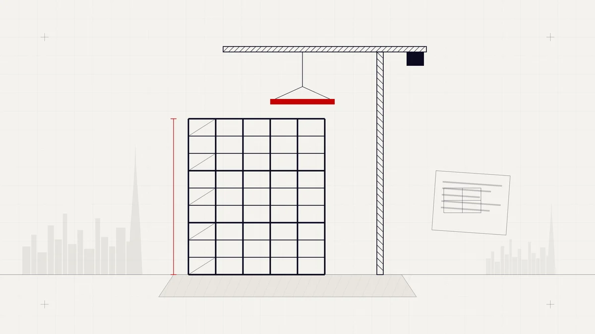 Illustration of a building frame under construction with a crane lifting a red beam and site plans