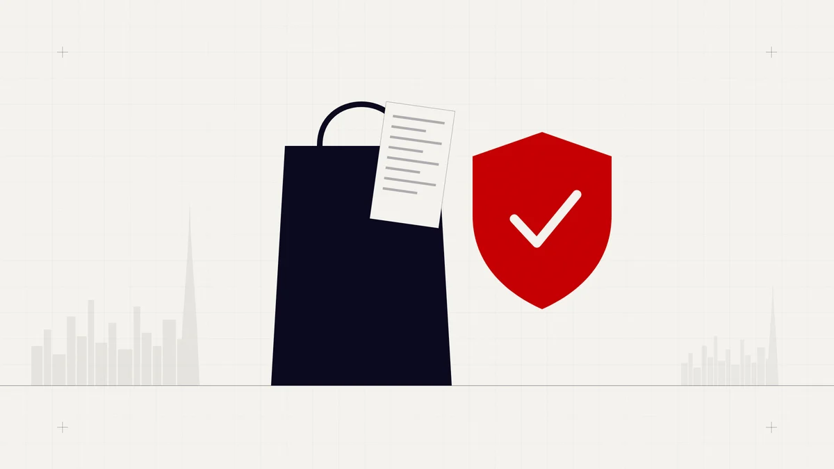 Illustration of a shopping bag and receipt beside a red shield with a check mark