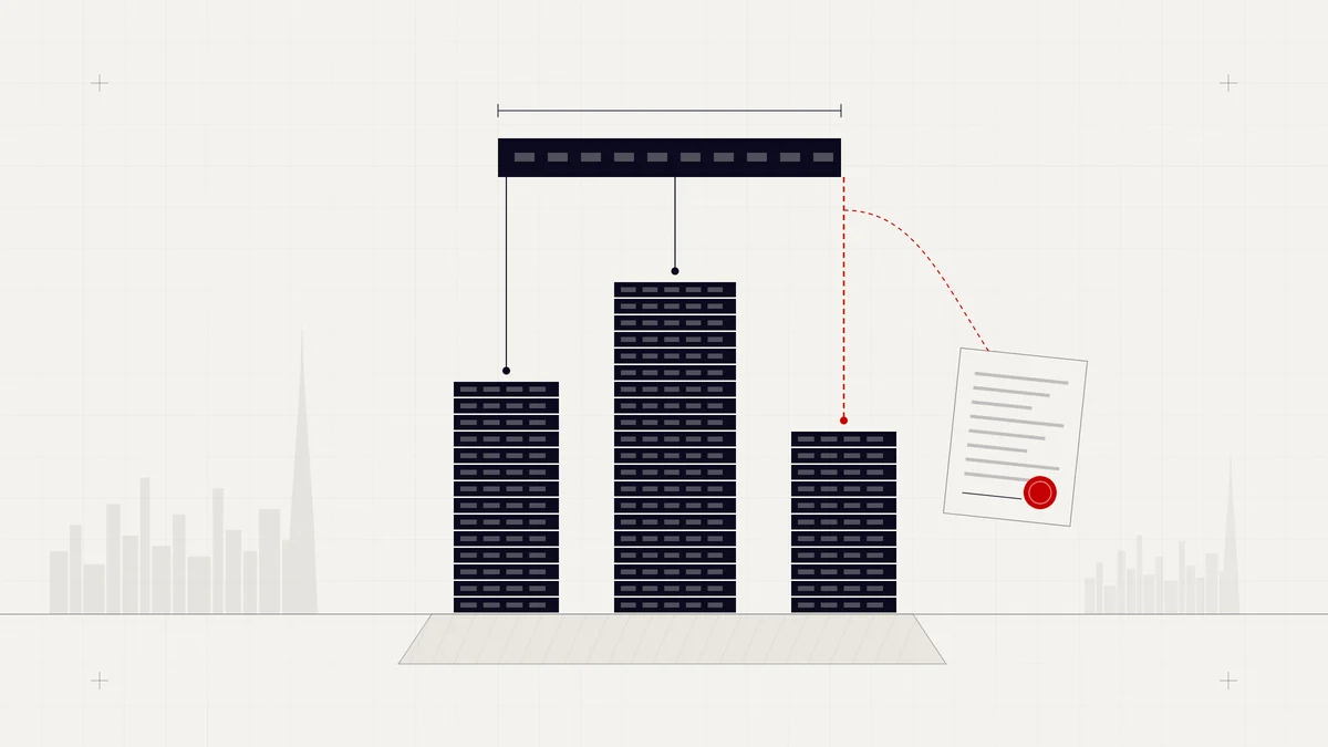 Illustration of a holding structure linked to three company towers and a sealed shareholder agreement