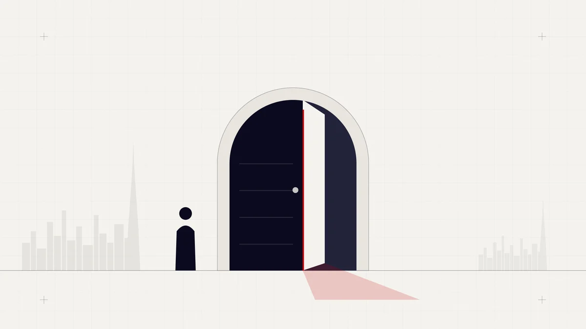 Illustration of a heavy arched door opening with a line of red light