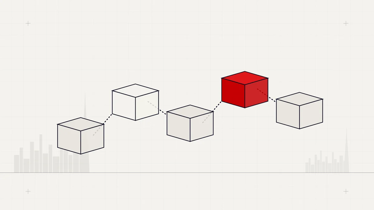 Illustration of a chain of connected blocks with one highlighted red block