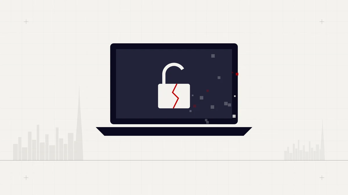 Illustration of a laptop showing a broken padlock with a red crack and scattered data fragments
