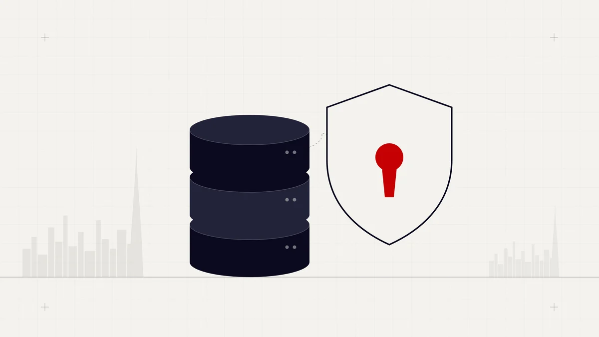 Illustration of stacked databases beside a shield with a red keyhole