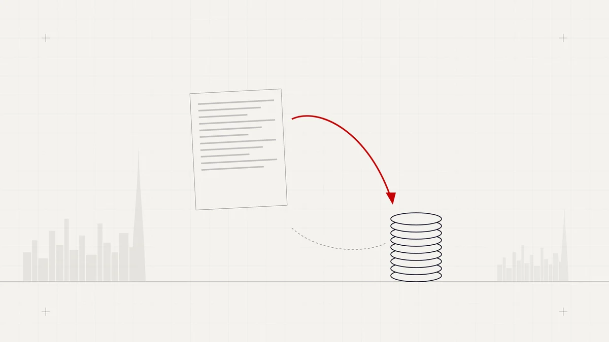 Illustration of an invoice with a red arrow leading to a stack of coins