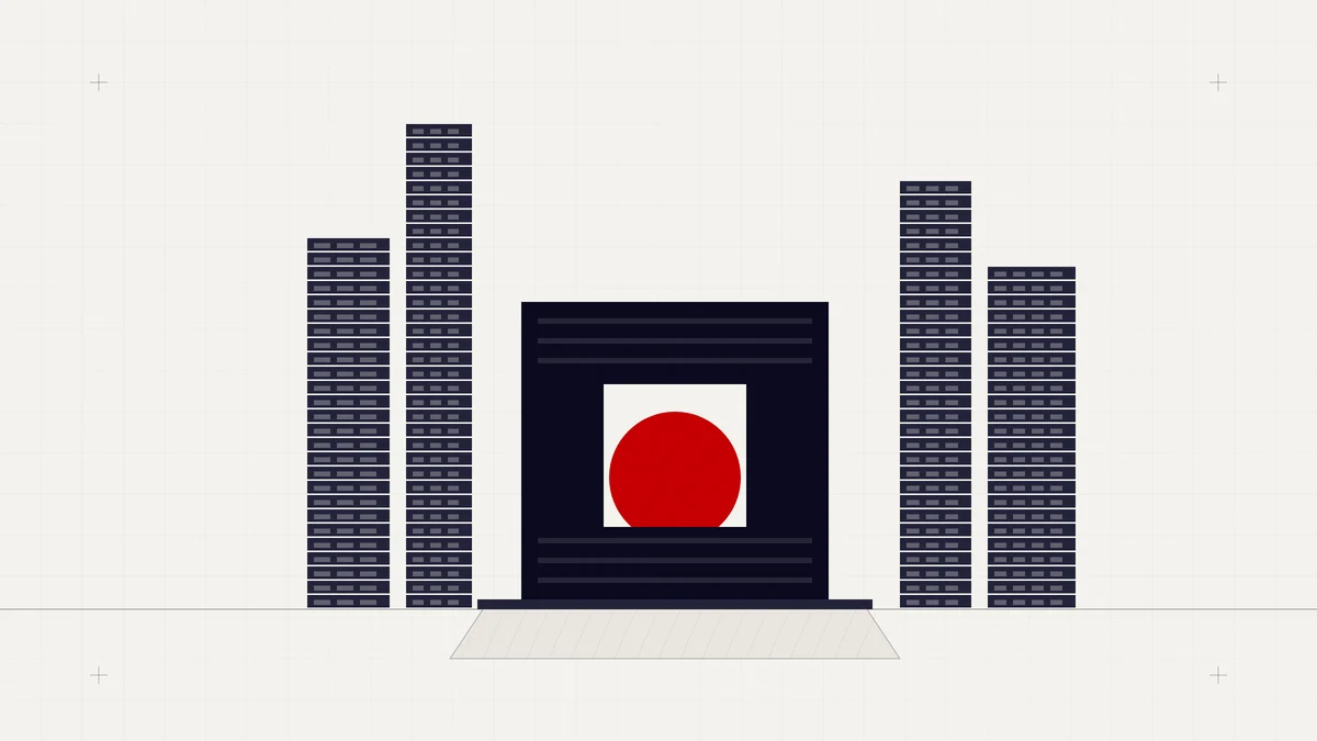 Illustration of a DIFC gateway building framing a red sun, flanked by towers
