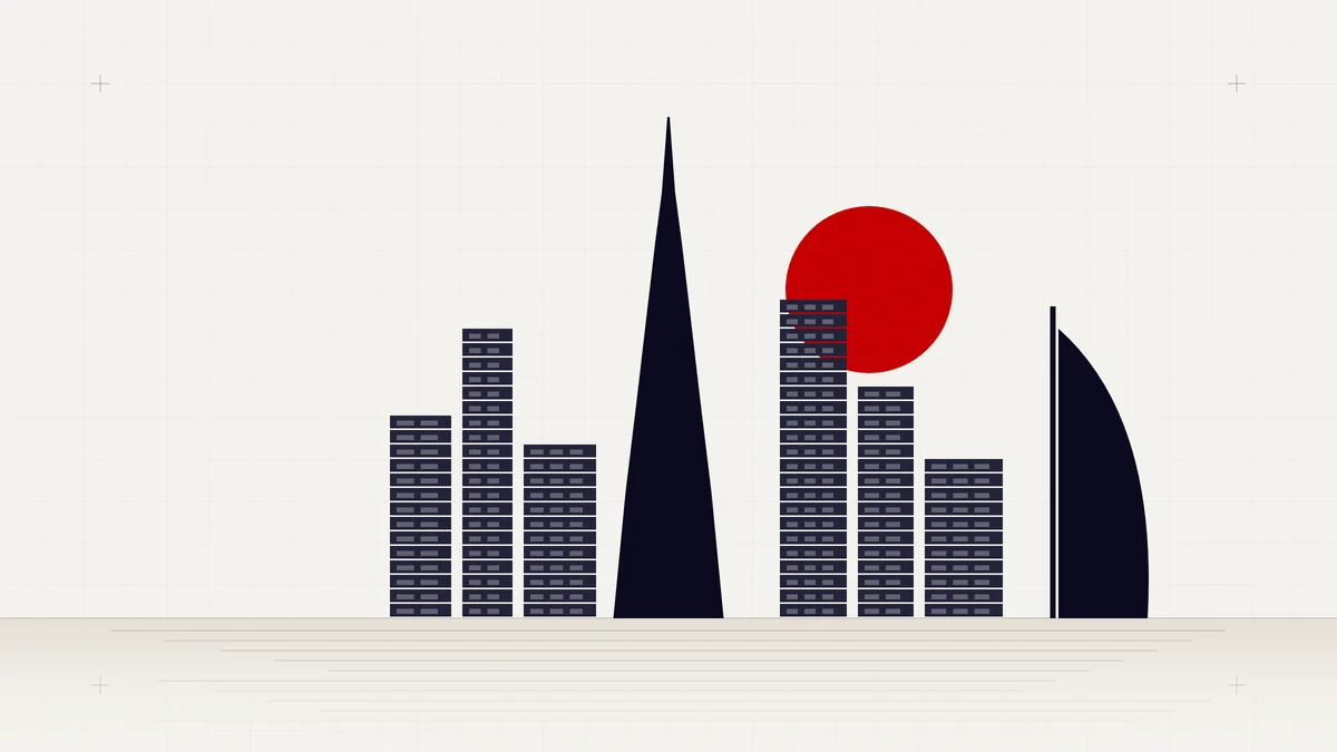 Illustration of the Dubai skyline with Burj Khalifa and a red sun over the water