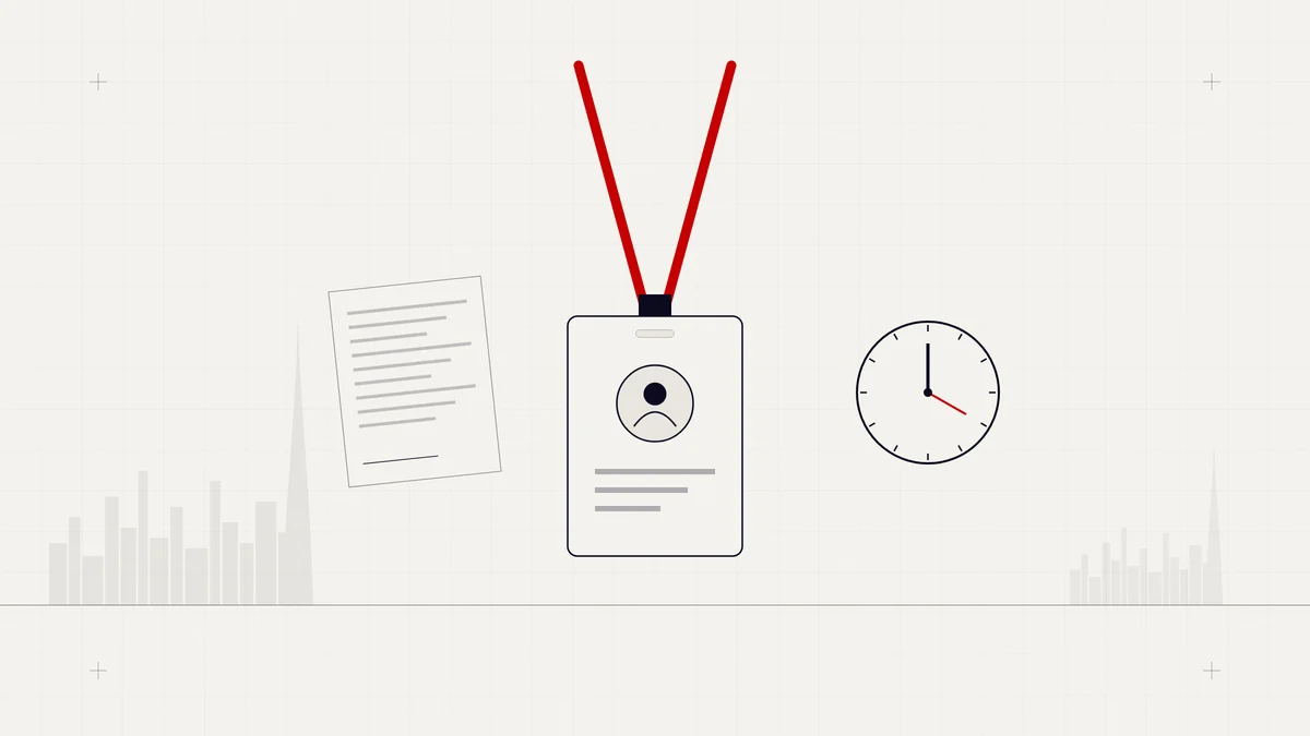 Illustration of an employee ID badge on a red lanyard, an employment contract and a clock