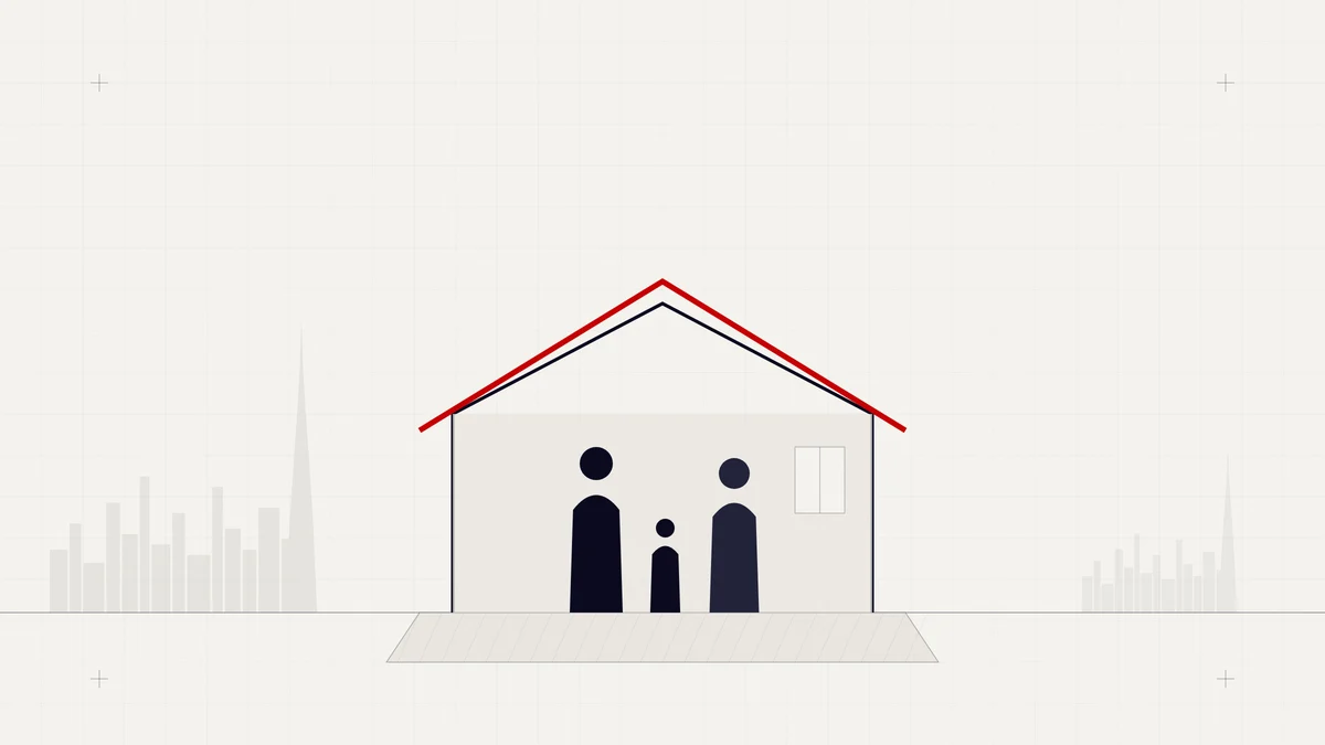 Illustration of a family of three standing inside a home under a red roofline