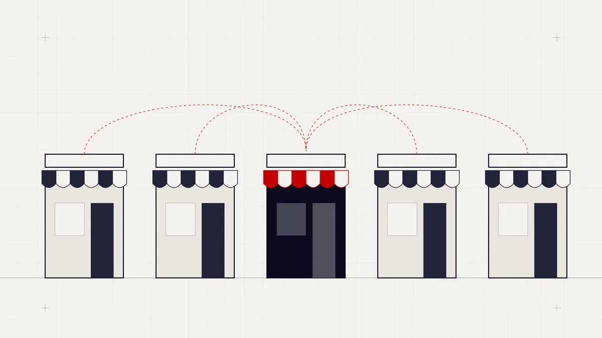 Illustration of five identical storefronts linked to one central store with a red awning