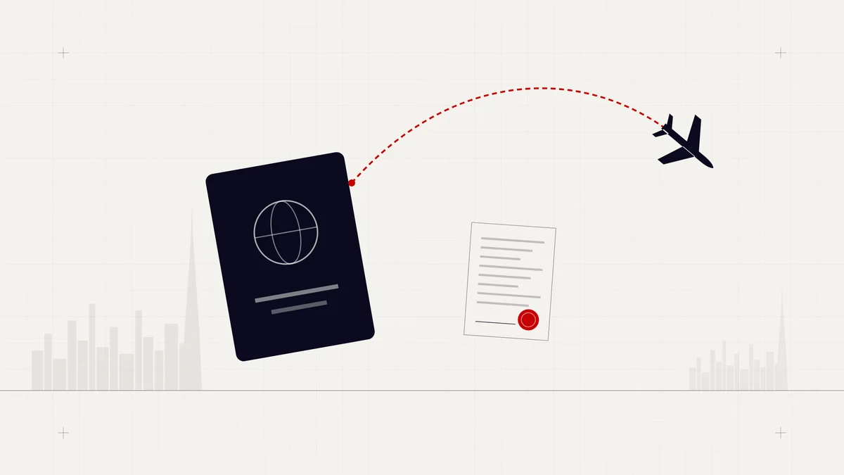 Illustration of a passport and a red flight path to an aircraft, with a sealed document