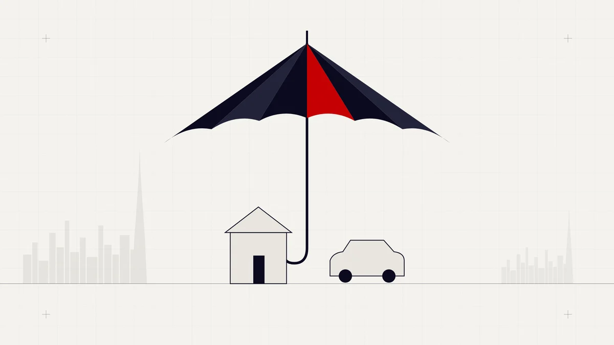 Illustration of an umbrella with a red panel sheltering a house and a car