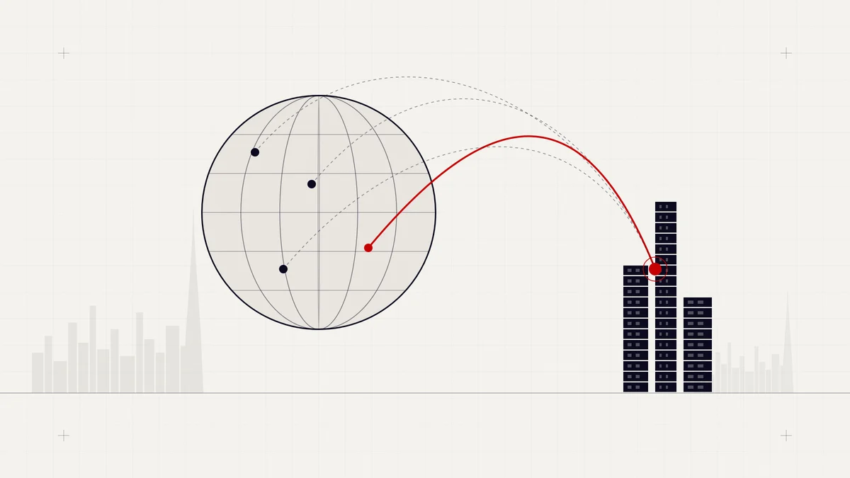 Illustration of a globe with flight paths converging on a UAE skyline, one path in red