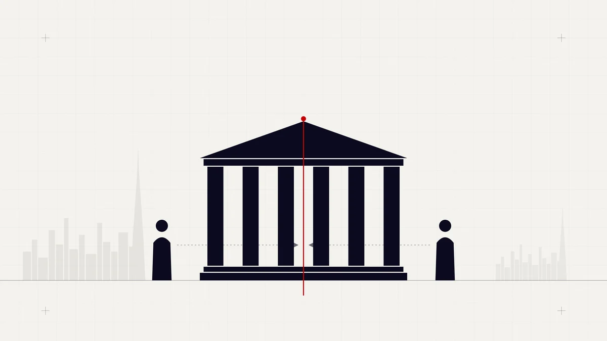 Illustration of a courthouse with two parties approaching a single red dividing line