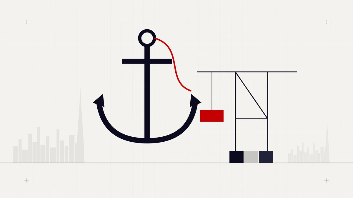 Illustration of a ship anchor with a red line and a port gantry crane lifting a red container