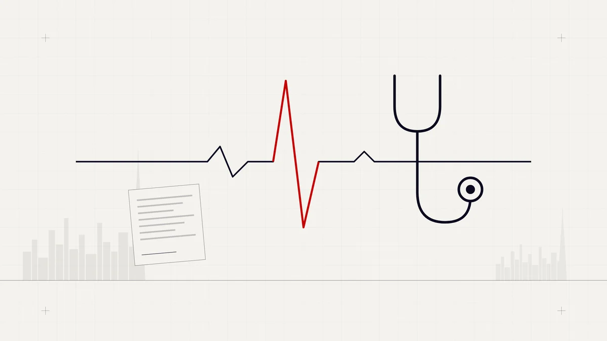 Illustration of a heartbeat line with a red spike, a stethoscope and a medical document