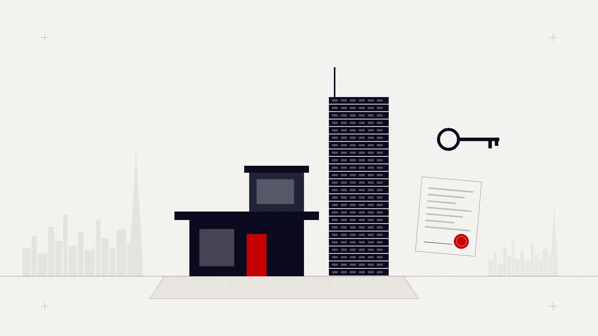 Illustration of a villa and tower beside a property key and a sealed title document