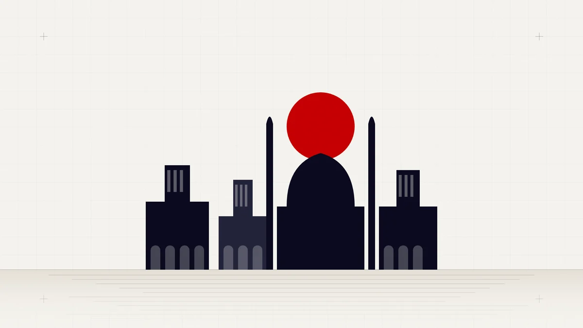 Illustration of Sharjah heritage wind towers and a domed mosque with a red sun