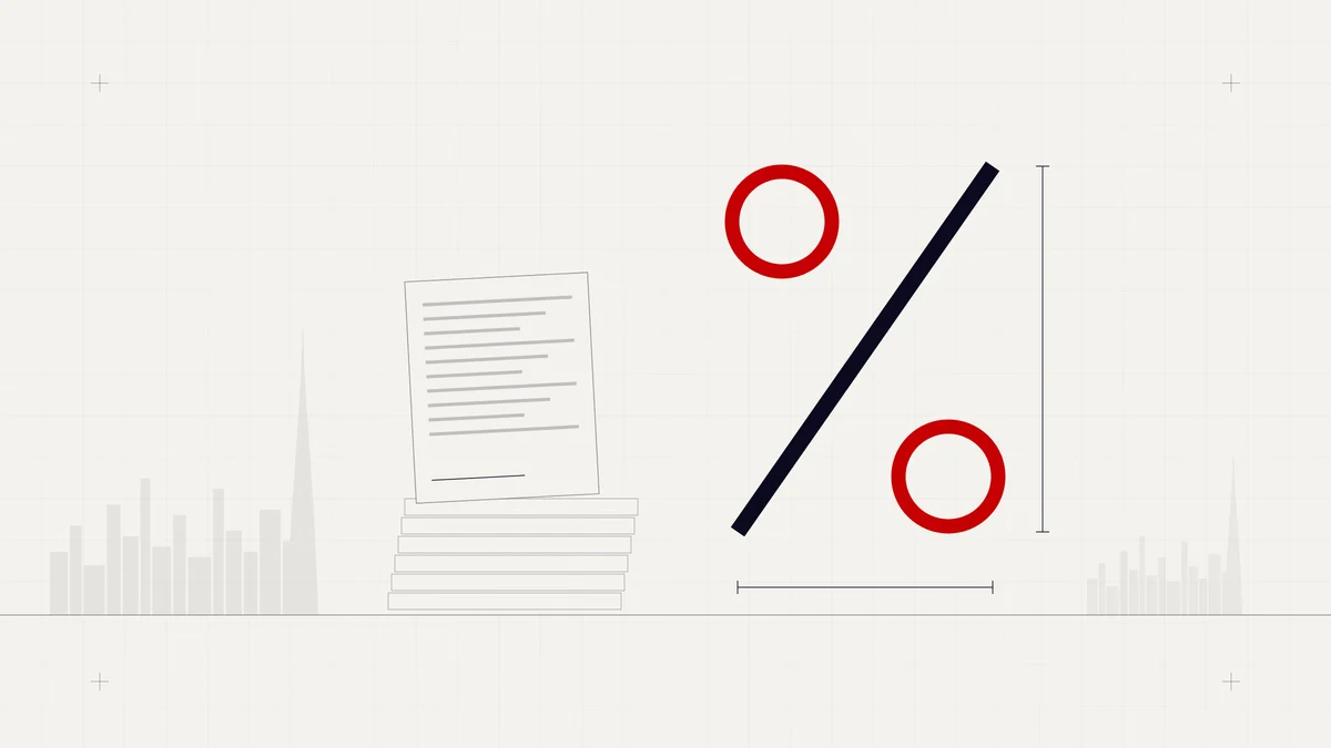 Illustration of a large percentage symbol beside stacked tax documents