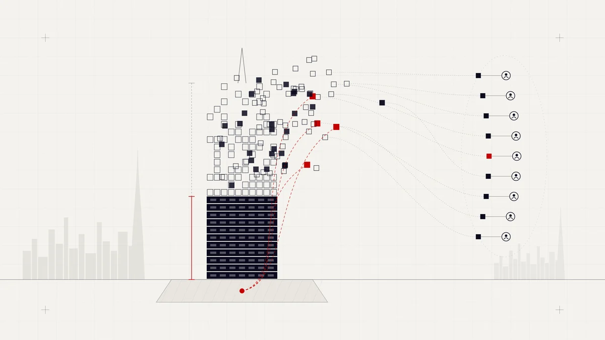 Illustration of a Dubai tower dissolving into digital tokens distributed to investors, tied by a red line to the land title