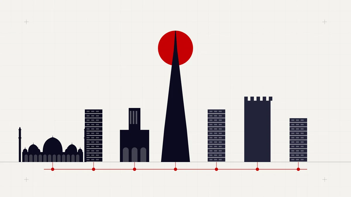 Illustration of seven UAE landmarks connected by a single red line