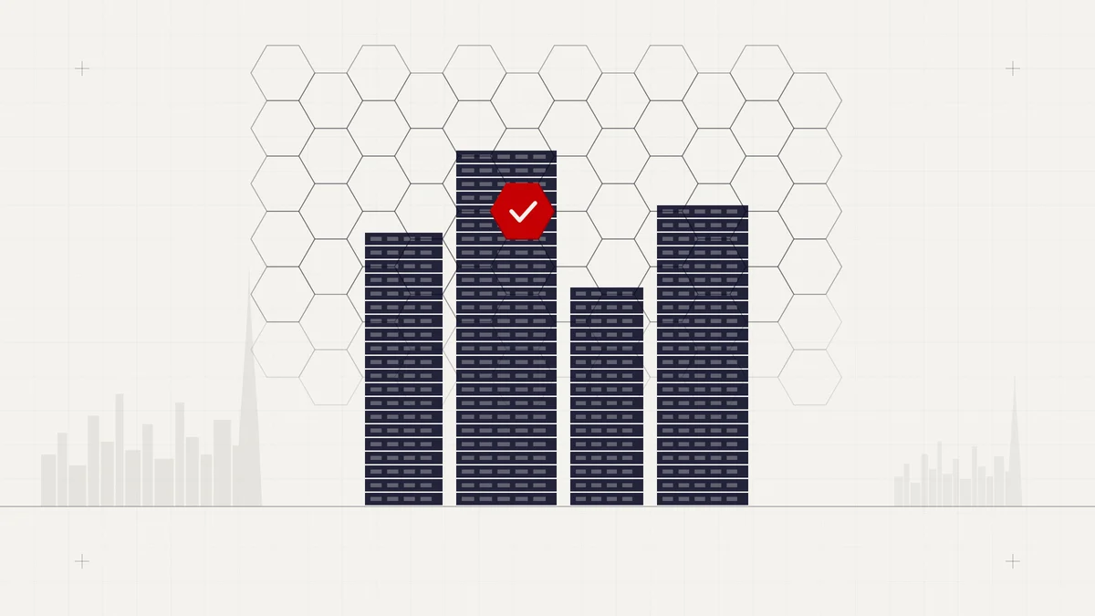 Illustration of Dubai towers under a hexagonal grid with one red approved hexagon