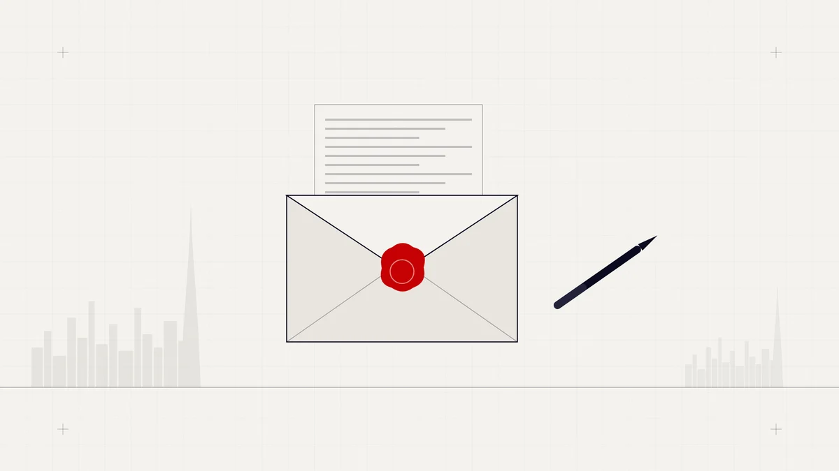 Illustration of a will in an envelope closed with a red wax seal and a fountain pen