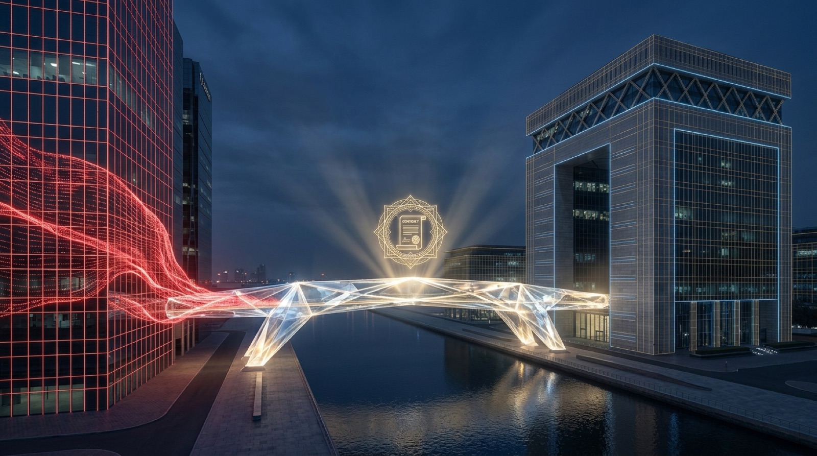 A glowing light bridge connecting a data-lit tower to a modern building, with a luminous contract seal at its midpoint — representing a client's request resolved into a legal introduction