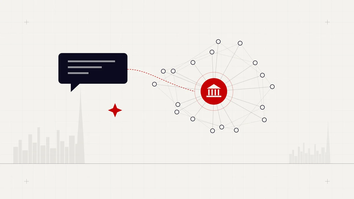 Illustration of an AI chat message connected to a network of sources centred on a highlighted law firm