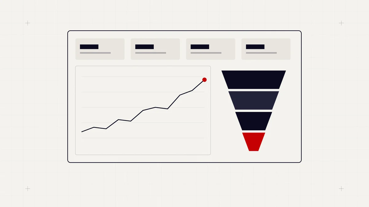 Illustration of an analytics dashboard with a rising trend line and a conversion funnel ending in red