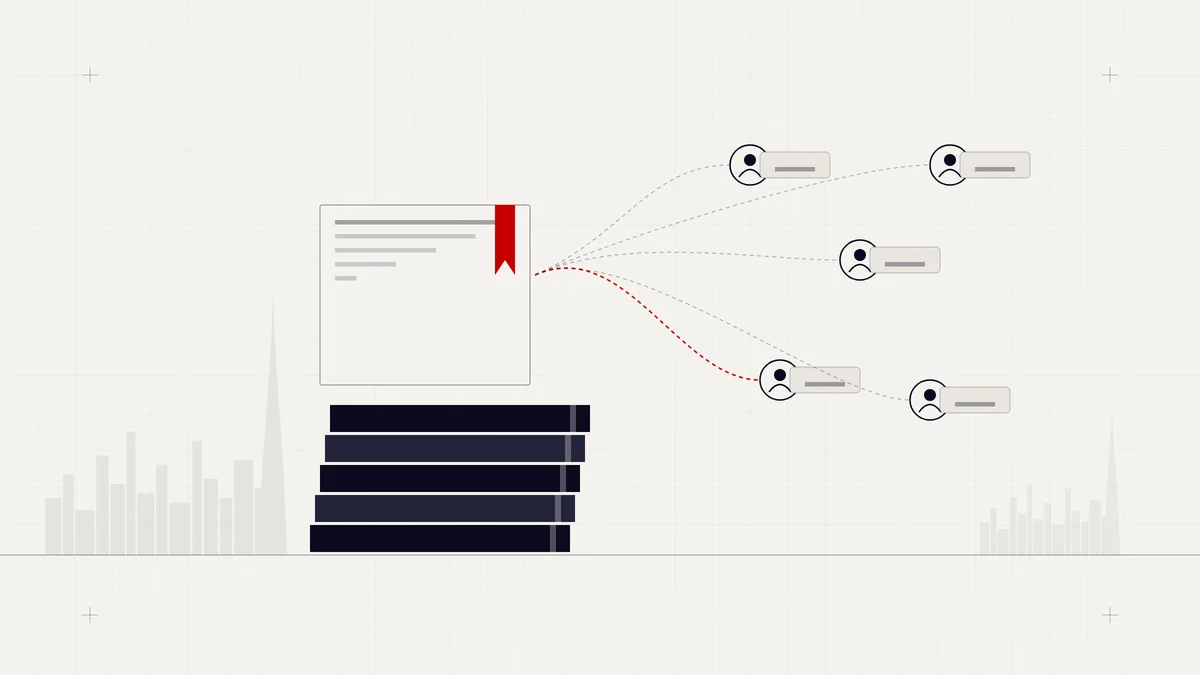 Illustration of legal articles and a bookmarked guide reaching a network of readers