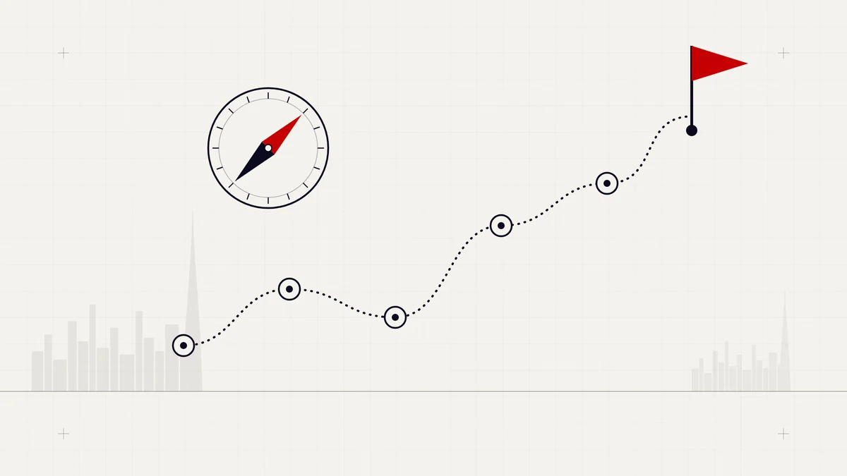 Illustration of a compass and a milestone path leading to a red flag