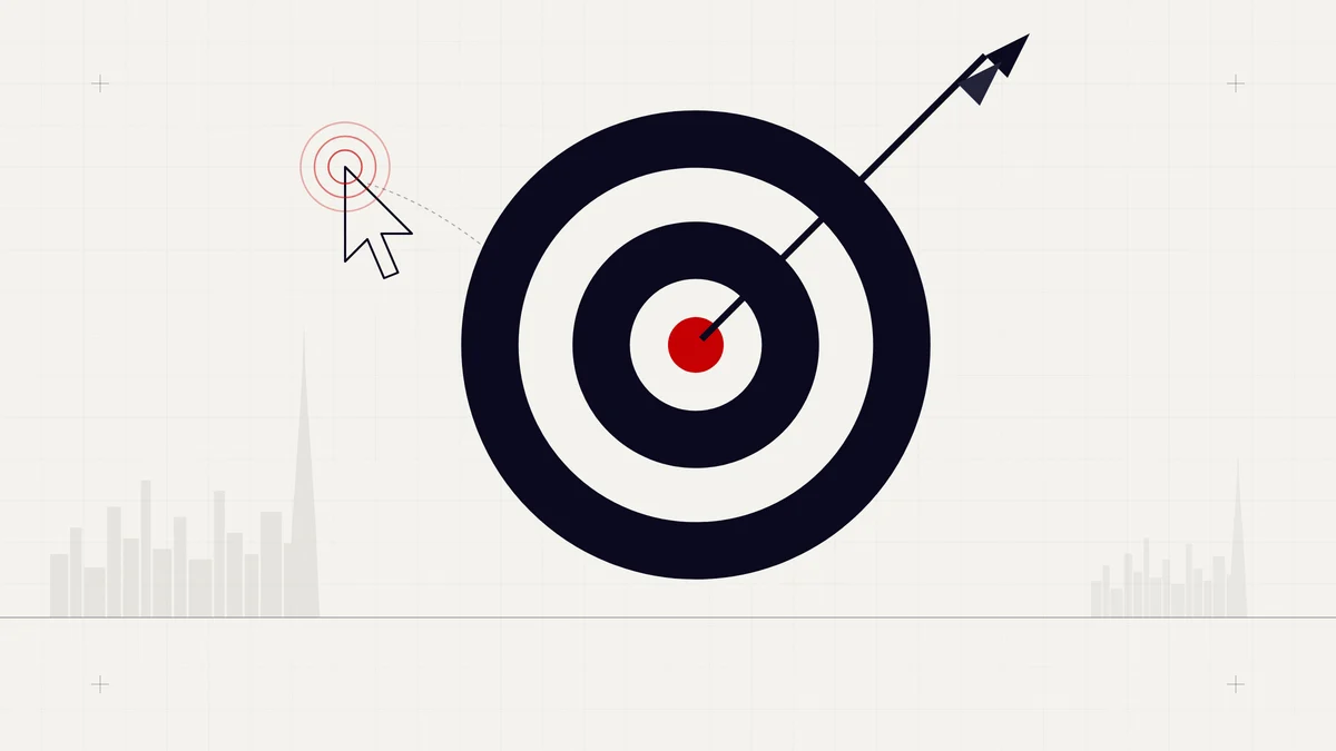 Illustration of a target with an arrow in the red centre and a clicking cursor, representing high-intent advertising