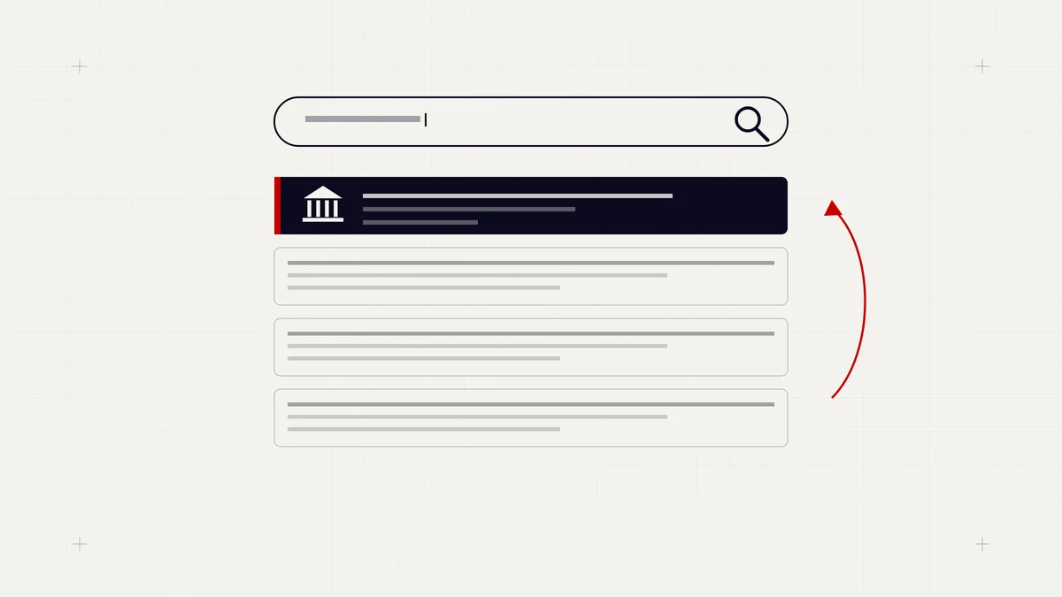 Illustration of a search bar with a law firm result highlighted at the top of the rankings