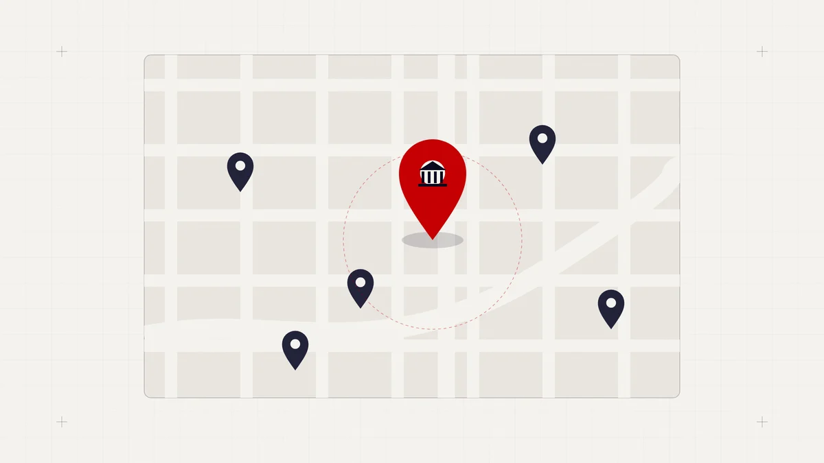 Illustration of a city map with a large red location pin marking a law firm among other pins