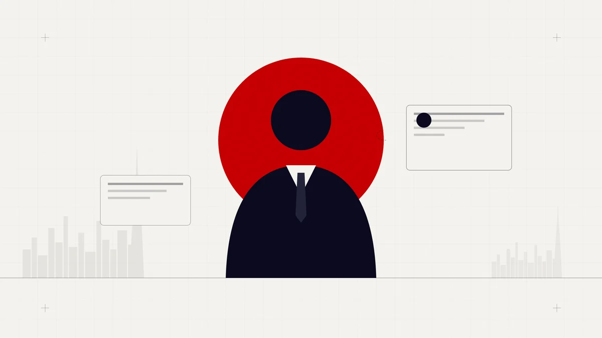 Illustration of a lawyer silhouette in front of a red circle with profile cards