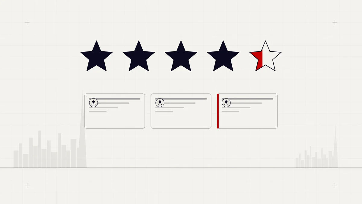 Illustration of a five-star rating with review cards, one star being filled in red