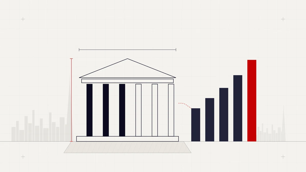 Illustration of a courthouse blueprint turning into rising growth bars, symbolising digital growth engineered for law firms