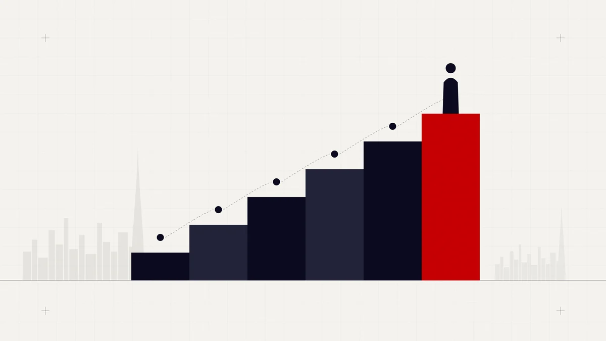 Illustration of six ascending steps leading to a figure on a red top step, representing a six-stage growth methodology