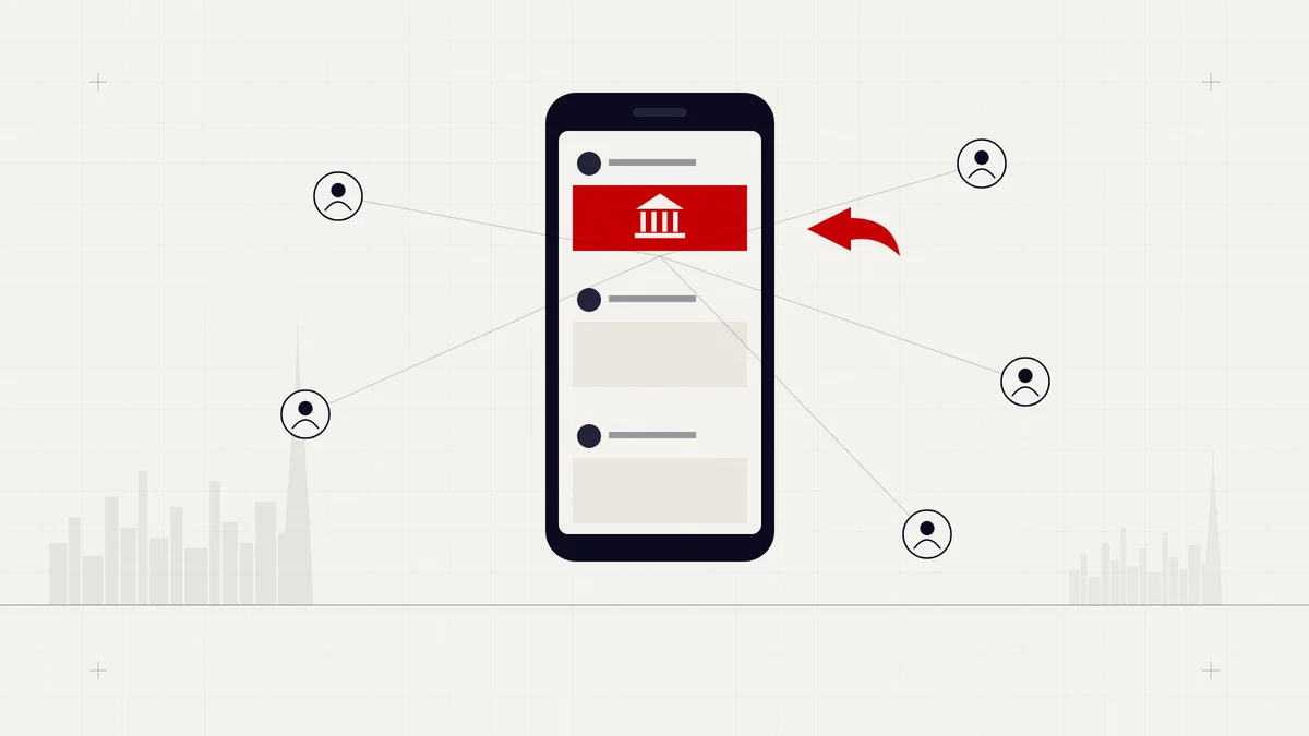 Illustration of a smartphone social feed featuring a law firm post shared across a network of people