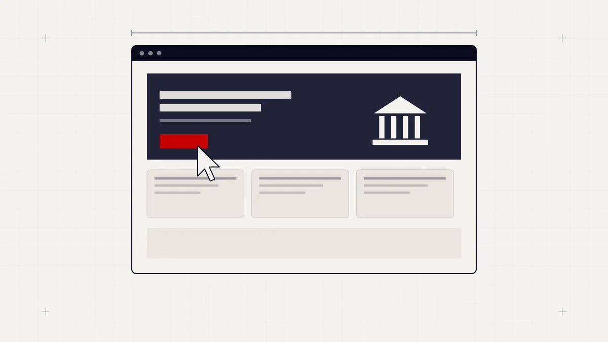 Illustration of a law firm website layout with a hero section, content cards and a red call-to-action button